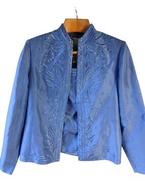 Adrianna Papell Blue Embroidered Silk Jacket Shell Size 12 Womens Embroidered
